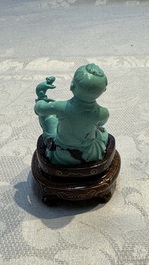 A complete set of 12 Chinese carved turquoise 'Children at Play with the Zodiac Animals' figures on wooden stands, Republic