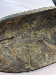A rare and large Chinese archaistic bronze pouring vessel and cover, Gong 觥, Qing
