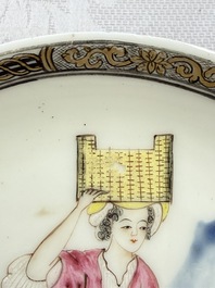 A rare Chinese famille rose erotic 'Milkmaid' cup and saucer, Qianlong, ca. 1740