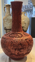 A pair of Chinese cinnabar lacquer 'Xi Xiang Ji' 'Tianqiu Ping' vases, 20th C.