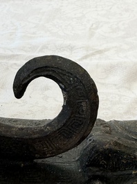 A rare and large Chinese archaistic bronze pouring vessel and cover, Gong 觥, Qing