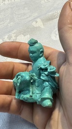 A complete set of 12 Chinese carved turquoise 'Children at Play with the Zodiac Animals' figures on wooden stands, Republic