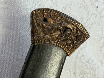 A Chinese palace guard sword 'Dao' inscribed 'Da Nei Shi Wei 大內侍衛', with lacquered wooden scabbard and gilt-bronze 'Dragon' mounts, Qing