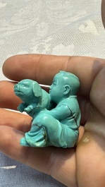A complete set of 12 Chinese carved turquoise 'Children at Play with the Zodiac Animals' figures on wooden stands, Republic