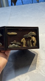 A Chinese soapstone-embellished hongmu 'Antiquities' box and cover, 19th C.