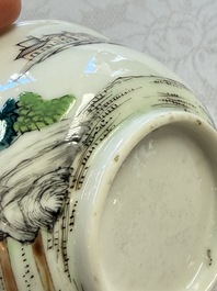 A rare Chinese famille rose erotic 'Milkmaid' cup and saucer, Qianlong, ca. 1740