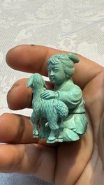 A complete set of 12 Chinese carved turquoise 'Children at Play with the Zodiac Animals' figures on wooden stands, Republic