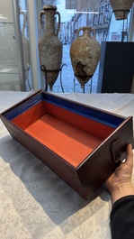 A Chinese white-jade-inset hongmu ruyi with a wooden presentation box and display case, 19th C.