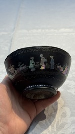A Chinese silver-lined laque burgaut&eacute; bowl with figural design, Kangxi
