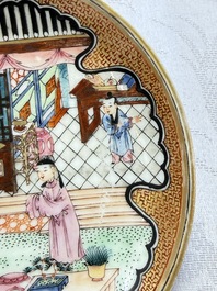 A fine Chinese Canton famille rose cup and saucer with figural design, Yongzheng/Qianlong