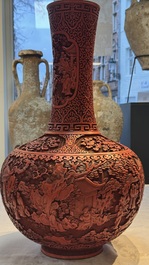 A pair of Chinese cinnabar lacquer 'Xi Xiang Ji' 'Tianqiu Ping' vases, 20th C.