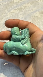 A complete set of 12 Chinese carved turquoise 'Children at Play with the Zodiac Animals' figures on wooden stands, Republic