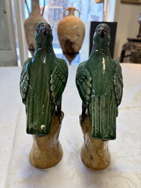 A pair of Chinese turquoise-glazed Buddhist lions, a pair of green-glazed parrots and a pair of miniature garden seats, 19/20th C.