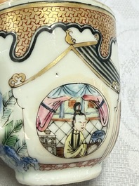 A fine Chinese Canton famille rose cup and saucer with figural design, Yongzheng/Qianlong