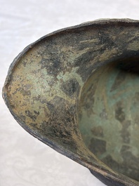 A rare and large Chinese archaistic bronze pouring vessel and cover, Gong 觥, Qing