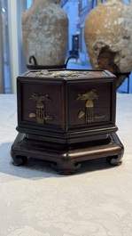 A Chinese soapstone-embellished hongmu 'Antiquities' box and cover, 19th C.
