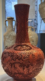A pair of Chinese cinnabar lacquer 'Xi Xiang Ji' 'Tianqiu Ping' vases, 20th C.