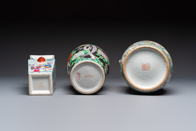 Five Chinese famille rose and verte vases and an armorial ewer, various marks, 20th C.