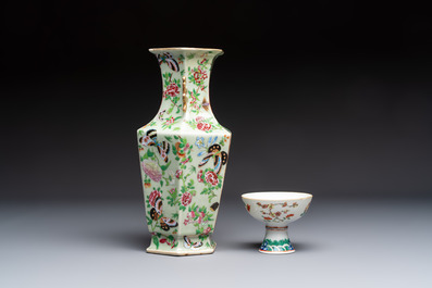 A Chinese famille rose celadon-ground hexagonal vase and a famille rose stem bowl, 19th C.
