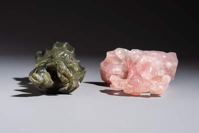 Five Chinese hardstone carvings, four with wooden stands, 20th C.