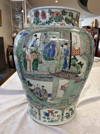 A pair of large Chinese famille verte 'Birthday Celebration of Guo Ziyi 郭子儀祝壽' baluster vases, Kangxi