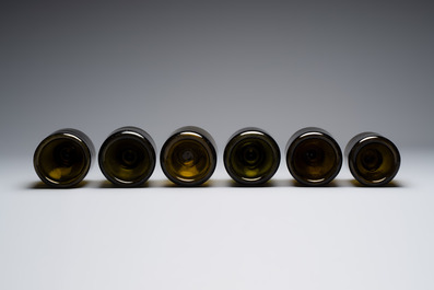 A set of six dark green glass mallet-shaped bottles, possibly France or England, 19th C. or earlier