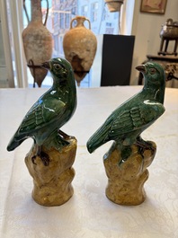 A pair of Chinese turquoise-glazed Buddhist lions, a pair of green-glazed parrots and a pair of miniature garden seats, 19/20th C.