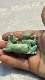A complete set of 12 Chinese carved turquoise 'Children at Play with the Zodiac Animals' figures on wooden stands, Republic