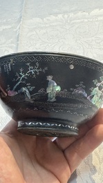 A Chinese silver-lined laque burgaut&eacute; bowl with figural design, Kangxi