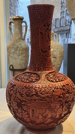 A pair of Chinese cinnabar lacquer 'Xi Xiang Ji' 'Tianqiu Ping' vases, 20th C.