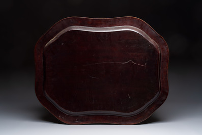 A large Chinese Canton gilt-decorated black lacquer tray with narrative design, 19th C.