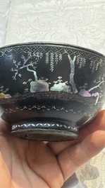 A Chinese silver-lined laque burgaut&eacute; bowl with figural design, Kangxi