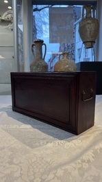 A Chinese white-jade-inset hongmu ruyi with a wooden presentation box and display case, 19th C.
