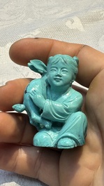 A complete set of 12 Chinese carved turquoise 'Children at Play with the Zodiac Animals' figures on wooden stands, Republic