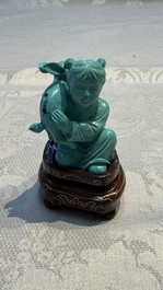 A complete set of 12 Chinese carved turquoise 'Children at Play with the Zodiac Animals' figures on wooden stands, Republic