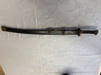 A Chinese palace guard sword 'Dao' inscribed 'Da Nei Shi Wei 大內侍衛', with lacquered wooden scabbard and gilt-bronze 'Dragon' mounts, Qing