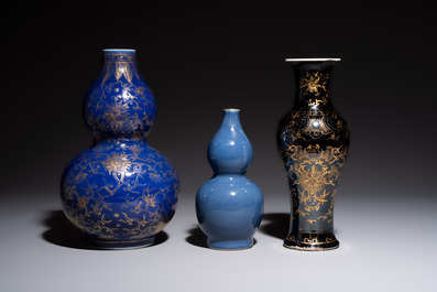 Three Chinese monochrome-glazed vases, Kangxi mark, 19/20th C.