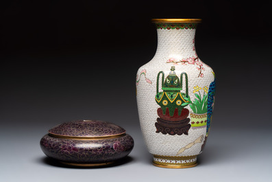 Three Chinese cloisonn&eacute; vases and a covered box, 20th C.