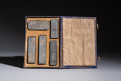Four sets of Chinese ink cakes in their original boxes, Hu Kaiwen 胡開文 marks, 20th C.