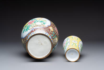 Two Chinese Canton enamel vases and a 'European Subject' dish, 20th C.