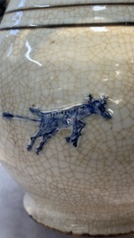 A Chinese Nanking crackle-glazed blue and white 'Hu' vase with a deer hunting scene, Hongwu mark, 19th C.
