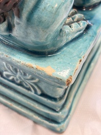 A pair of Chinese turquoise-glazed Buddhist lions, a pair of green-glazed parrots and a pair of miniature garden seats, 19/20th C.