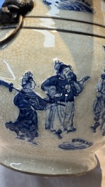 A Chinese Nanking crackle-glazed blue and white 'Hu' vase with a deer hunting scene, Hongwu mark, 19th C.