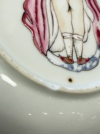 A rare Chinese famille rose erotic 'Milkmaid' cup and saucer, Qianlong, ca. 1740