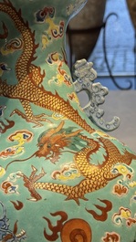 A Chinese famille rose turquoise-ground 'Dragon' vase, 19th C.