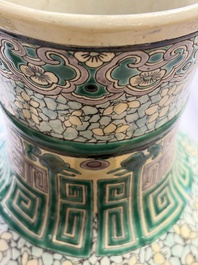 A Chinese verte biscuit 'Dragon Gate Carp 鯉躍龍門' vase on a wooden stand, Xuande mark, 19th C.