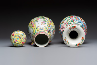 A Chinese famille rose archaistic covered vase, a vase, and three covered ginger jars, Qianlong marks, 20th C.