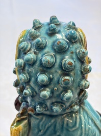 A pair of Chinese turquoise-glazed Buddhist lions, a pair of green-glazed parrots and a pair of miniature garden seats, 19/20th C.