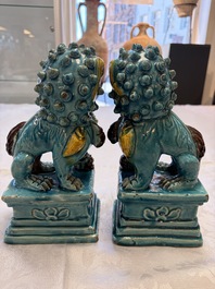 A pair of Chinese turquoise-glazed Buddhist lions, a pair of green-glazed parrots and a pair of miniature garden seats, 19/20th C.
