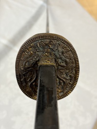 A Chinese palace guard sword 'Dao' inscribed 'Da Nei Shi Wei 大內侍衛', with lacquered wooden scabbard and gilt-bronze 'Dragon' mounts, Qing